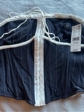 Navy Pinstripe Strapless Corset Top with White Trim